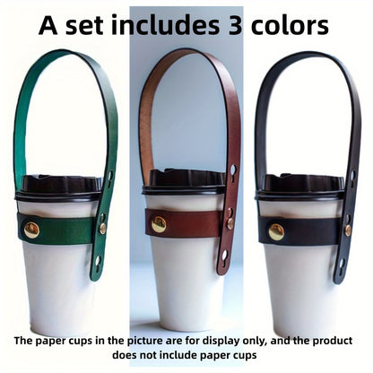 3 Pcs Faux Leather Coffee Cup Holders with Adjustable Straps - Perfect for Outdoor Adventures, Travel & Cruises - Vintage Green, Classic Brown, Deep Black - Hiccupzz