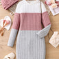 Tween Girls Elegant & Stylish Long Sleeve Color Contrast Ribbed Knitted Dress For Fall & Winter Outdoors - Hiccupzz