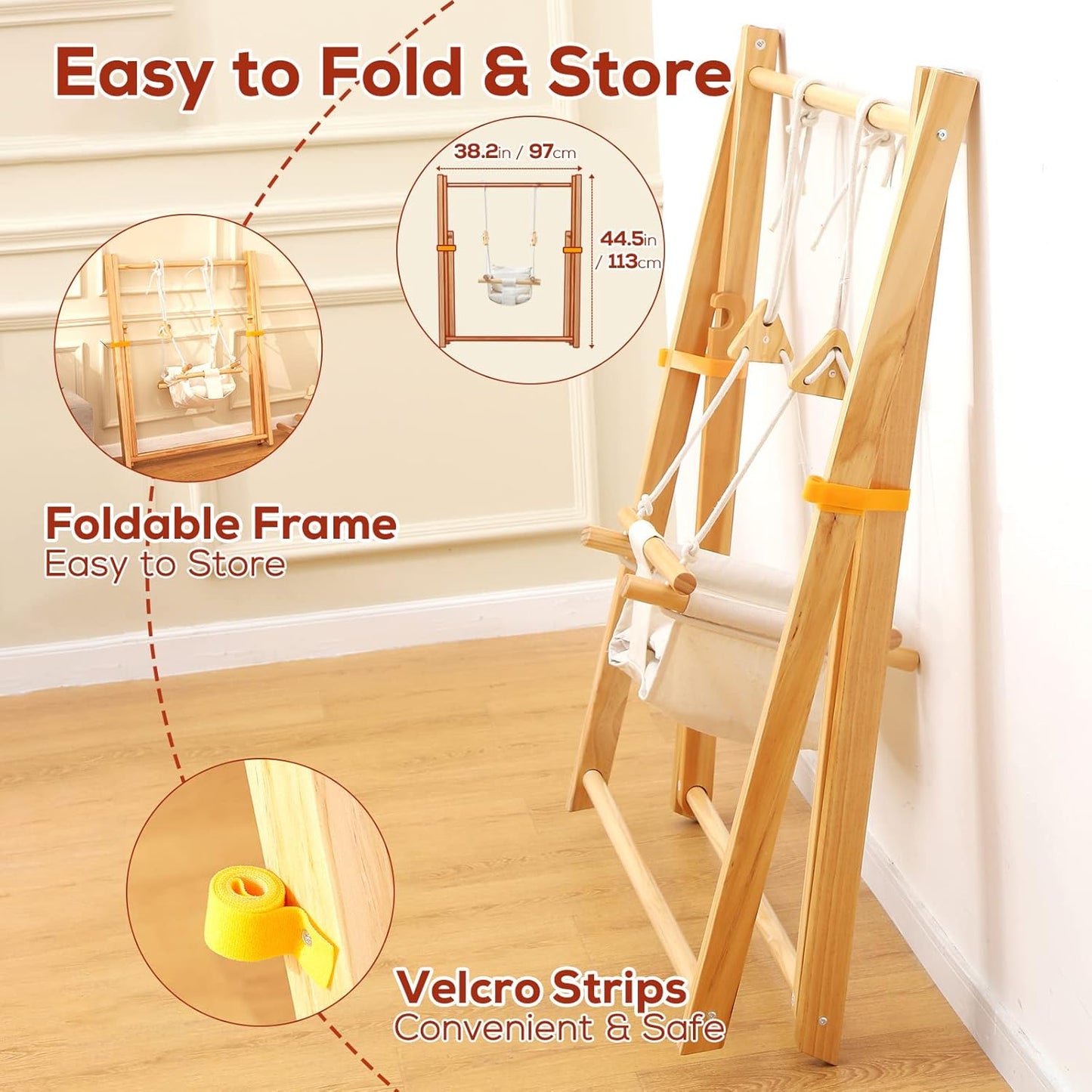 Foldable Wooden Baby & Toddler Swing Set - Indoor & Outdoor Backyard Fun