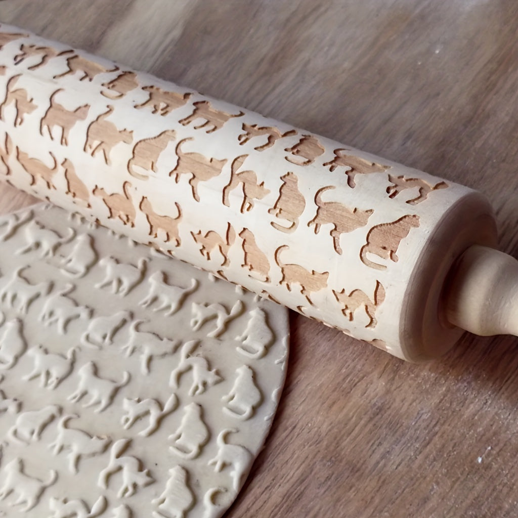 1pc, Embossing Rolling Pin, Wooden Dough Roller, For Pizza, Pie, Cookie, Dumplings, Noodles, And More, Kitchen Utensils, Kitchen Gadgets, Kitchen Accessories