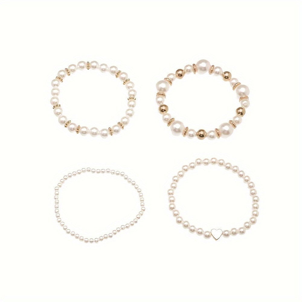 Pulseras elegantes de 4 piezas con cuentas de perlas de imitación: pulseras apilables de lujo de moda para mujer para una joyería sofisticada y encantadora