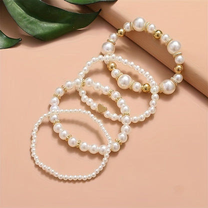 4-Piece Elegant Faux Pearl Beaded Bracelets – Women's Fashion Luxury Stackable Wristbands for Sophisticated Charm Jewelry - Hiccupzz