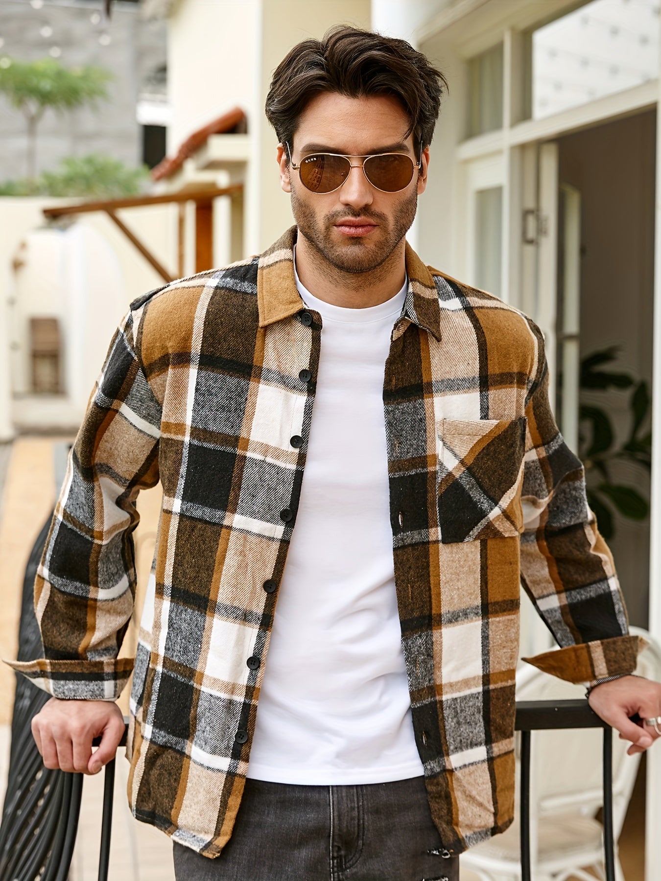 Men's Flannel Plaid Lapel Button Short Pocketed Shirts Coats