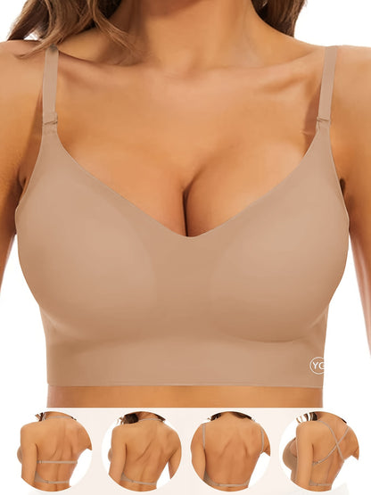 Women's Wireless Sports Bra With Flat Convertible Straps, Seamless Invisible Edge, And Ultra Low-Back Design, Adjustable Fit - Hiccupzz