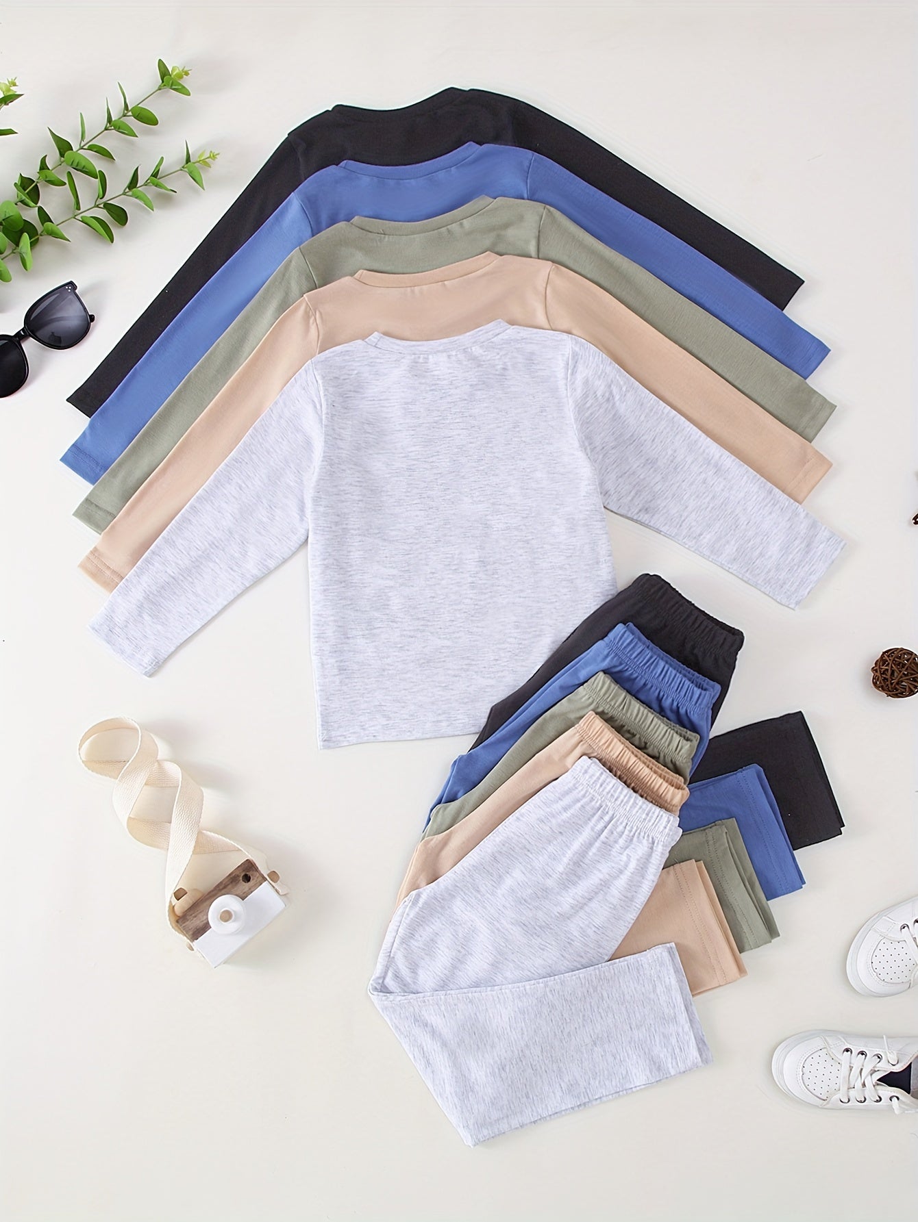 10-Pack of Boys' Plain Color Casual Thin, Soft, and Comfortable Knitted Long Sleeve T-Shirt and Pants Set – Ideal for Outdoors