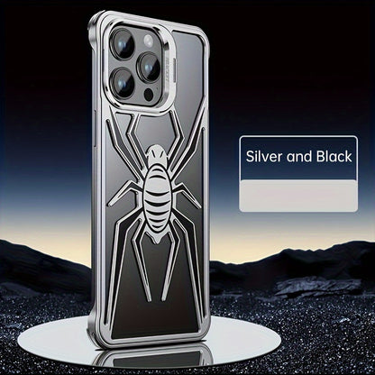Case for iPhone 13 14 15 Pro Max/Pro/Plus, Aluminum Metal Spider Pattern Design Frameless Heat Dissection Minimalist Slim Lightweight Case with Built in Camera Stand, Black/Red/Silver - Hiccupzz