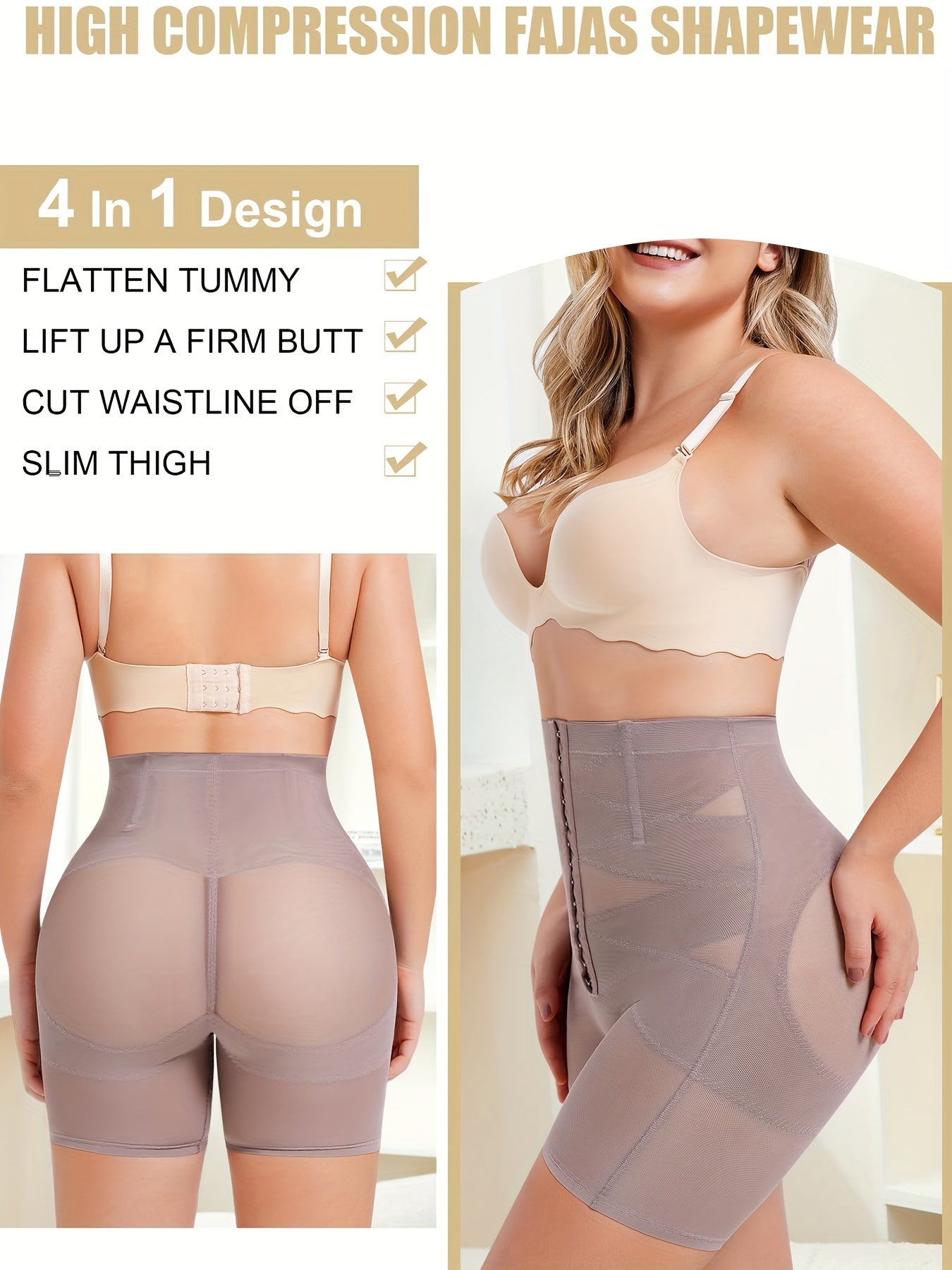 Women's High-Waist Shapewear Tummy Control Body Shaper Shorts, Butt Lifter Panties, Adjustable Waist Trainer, Breathable Fabric, With 4 Steel Bones