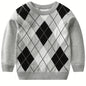 Boys Argyle Pattern Warm Knit Sweater - Round Neck, Long Sleeve - Hiccupzz