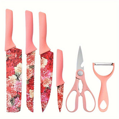 Jasmine Flower 6-Piece Kitchen Knife Set with Chef Knife, Meat Cleaver, Bread Knife, Scissors, Peeler - Hiccupzz