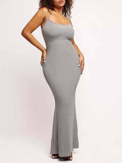 Round Neck Sleeved Slim Fitting Long Dress - Hiccupzz