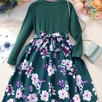 Girls' Floral Spliced Dress, Long Sleeves, Round Neck, Belted, Party Dress - Hiccupzz
