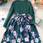 Girls' Floral Spliced Dress, Long Sleeves, Round Neck, Belted, Party Dress - Hiccupzz