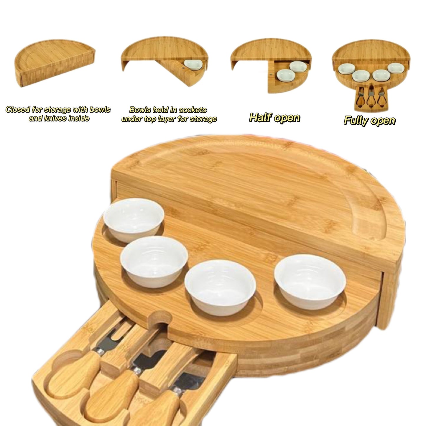 1 Set Bamboo Cheese Board with Slide-Out Drawer & Foldable Storage