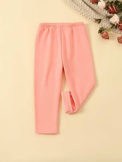 6 Pcs Girls Warm & Thermal & Versatile Solid Colored Fleece Lined Trousers Set For Fall & Winter - Hiccupzz