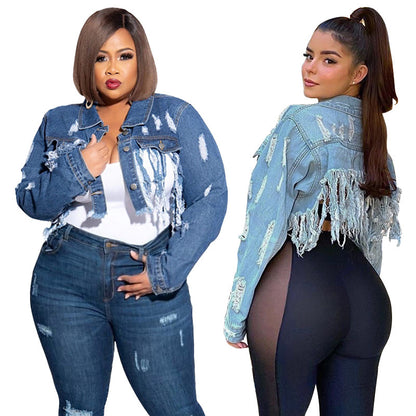 Denim Washed Tassel Ripped Long Sleeves Short Coat - Hiccupzz