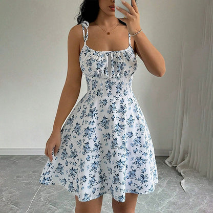 Floral Print Dress Summer Sweet A- Line Waist Trimming Dresses Women's Slimming Casual Clothing