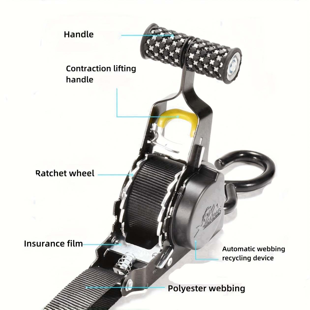 1Pc Durable Polyester Ratchet Tie-Down Strap With Automatic Retractable Tensioner