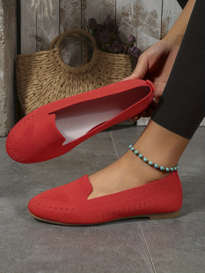 Women's Black Slip-On Flats - Breathable Knitted Round Toe Non-Slip Casual Lightweight Walking Shoes - Hiccupzz