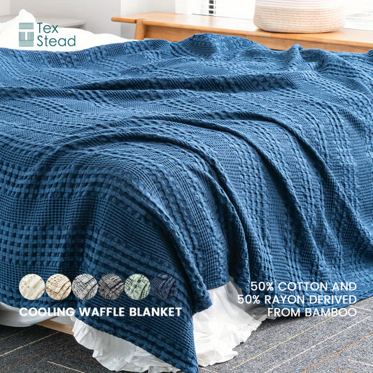 1 Pc Cooling Bamboo Fiber Cotton Blend Waffle Blanket - Lightweight Breathable Blanket For Hot Sleepers, Luxury Throws For Bed, Couch And Sofa