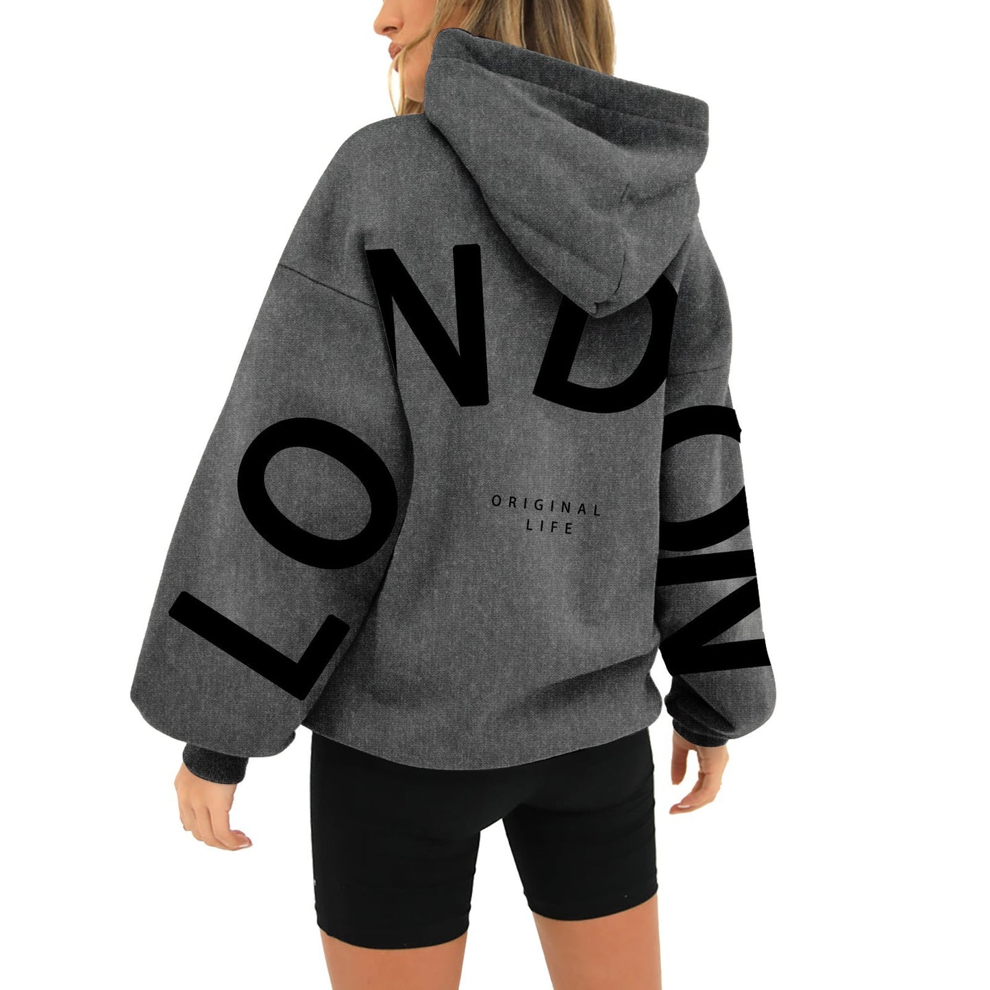 Printed Long Sleeve Loose Pockets Hooded Sweater