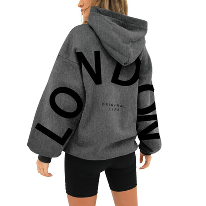 Printed Long Sleeve Loose Pockets Hooded Sweater - Hiccupzz