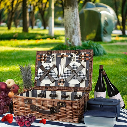Extra Large Willow Picnic Basket with Service Set for 4 Persons, Natural Wicker Picnic Hamper with Free Food Cooler, Fleece Blanket and Tableware - Hiccupzz