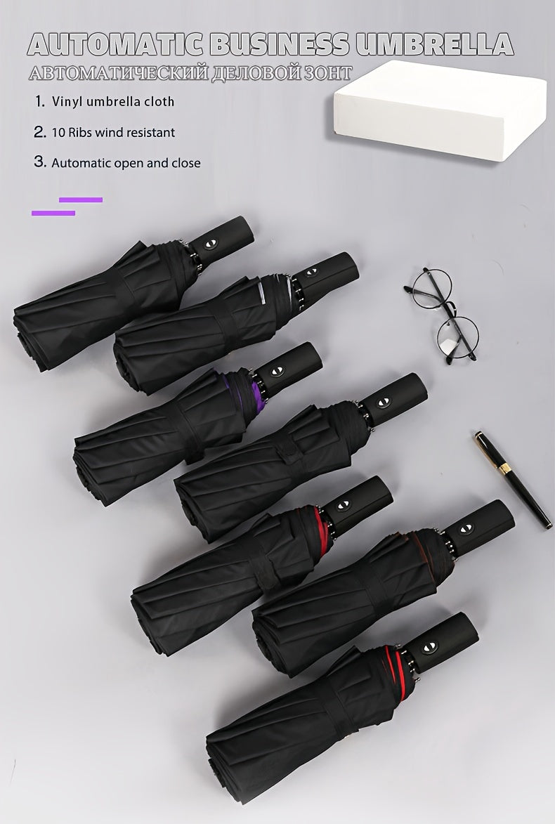 Three-Fold Automatic Folding Umbrella, Windproof, Reinforced Thickened Design