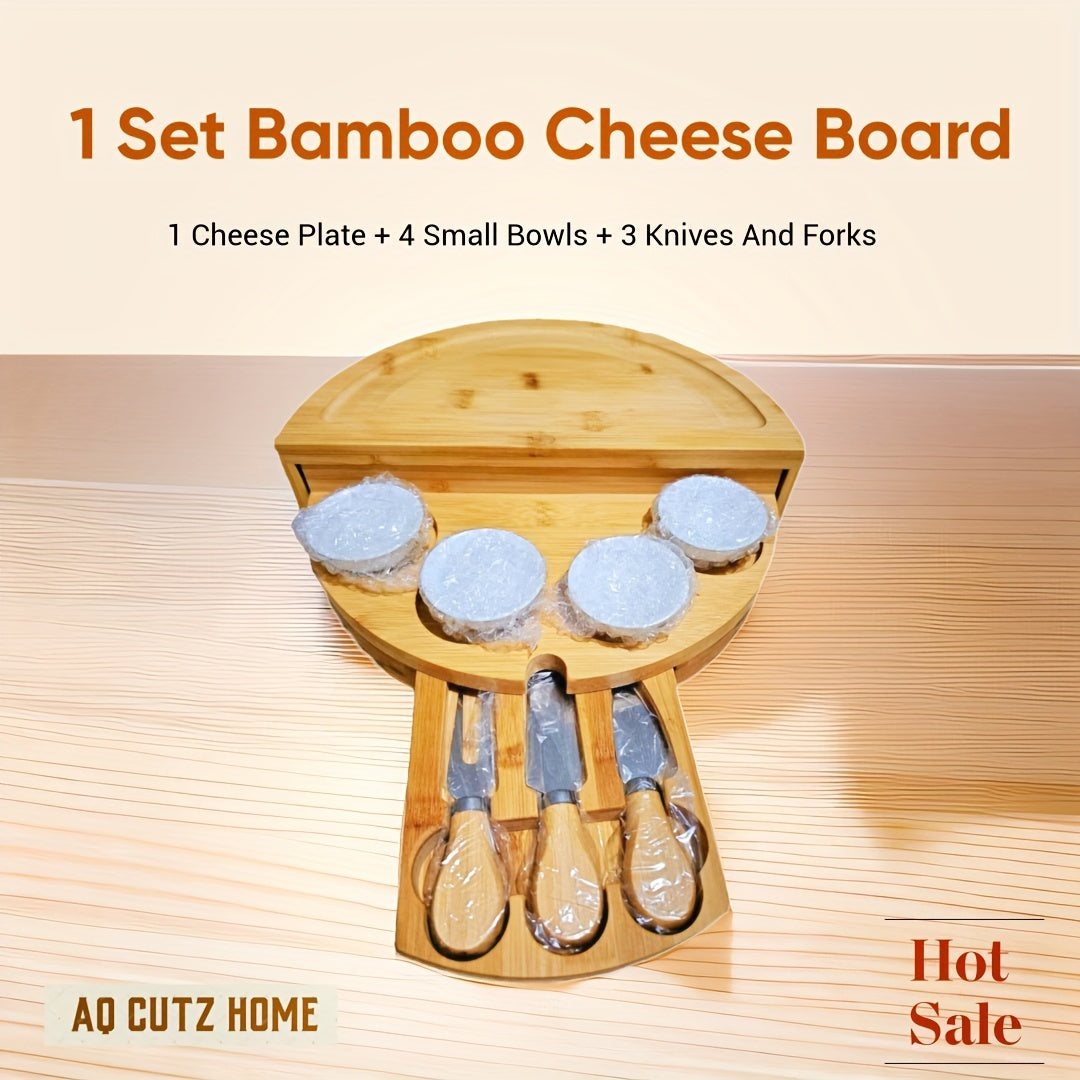 1 Set Bamboo Cheese Board with Slide-Out Drawer & Foldable Storage