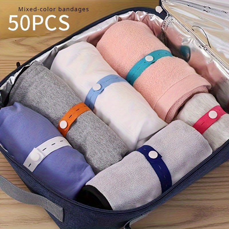 50 Pcs Elastic Storage Bands with Button Closure - Roll-Up Adjustable Clothing Organizer for Luggage, Drawers, Closets & Bed Sheets