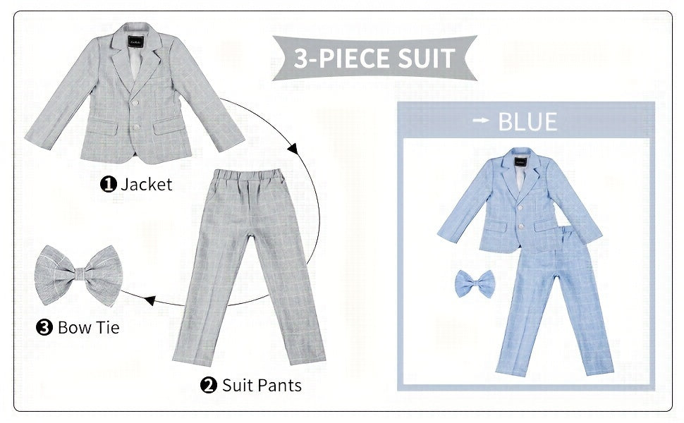 3-Piece Boys Formal Plaid Gentleman Outfit Set, Long Sleeve Blazer, Bowtie, Pants