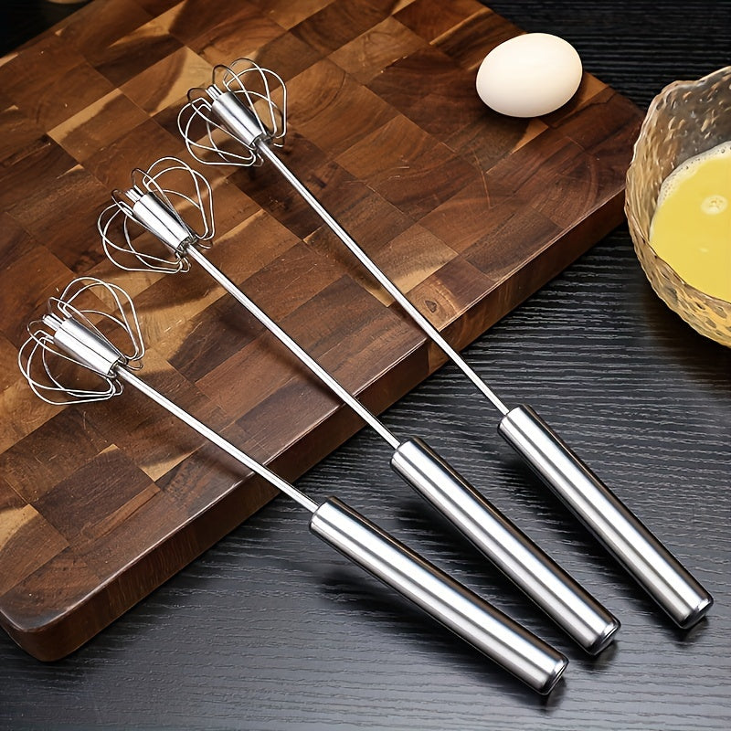 Semi-Automatic Stainless Steel Whisk Set: Manual Hand Push Egg Beater and Non-Electric Rotary Whisk (10/12/14 Inch) for Mixing and Frothing