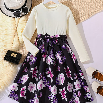 Girls' Floral Spliced Dress, Long Sleeves, Round Neck, Belted, Party Dress - Hiccupzz