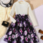 Girls' Floral Spliced Dress, Long Sleeves, Round Neck, Belted, Party Dress - Hiccupzz