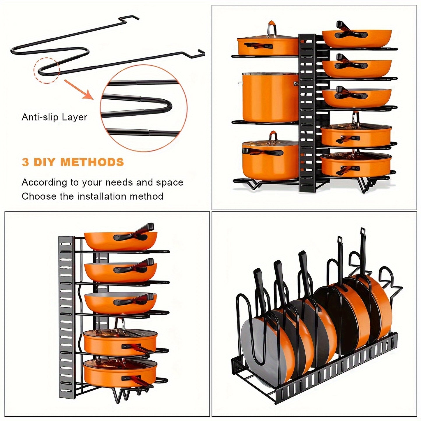 Pot Organizer Rack 8 Tiers Pots and Pans Organizer Kitchen Cabinet Storage Metal Holders