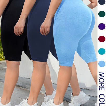 3-Pack Plus Size Yoga Shorts For Women, High Waist Peach Lift, Stretchy, Butt-lifting, High Elasticity, Fitness Activewear, Quick-Dry, Seamless Sport Shorts Set - Hiccupzz