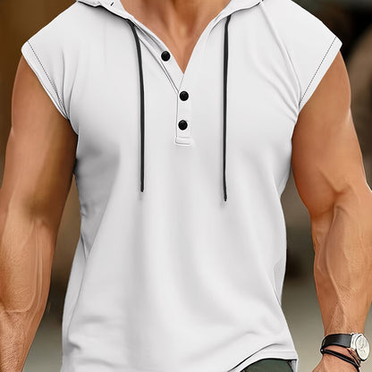 Men's Solid Color Henley Hooded Tank - Summer Fitness & Sports Wear - Hiccupzz
