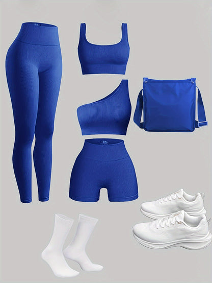 Women's 4-Piece Yoga Set, Sport Athletic Leggings, Sports Bra, Shorts, Fitness Gear For Gym And Outdoor Exercise (without Accesories) - Hiccupzz
