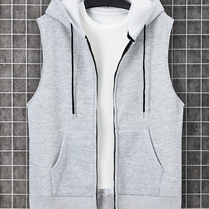 Men's Sleeveless Zip-Up Hoodie Vest with Pocket, Casual Outdoor Activewear - Hiccupzz