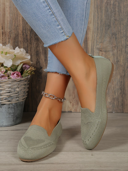 Women's Black Slip-On Flats - Breathable Knitted Round Toe Non-Slip Casual Lightweight Walking Shoes - Hiccupzz