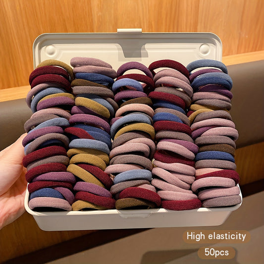 Durable Elastic Hair Ties for Girls (50pcs): Mixed Colors, Nylon Blend, Ideal for Everyday and Casual Wear