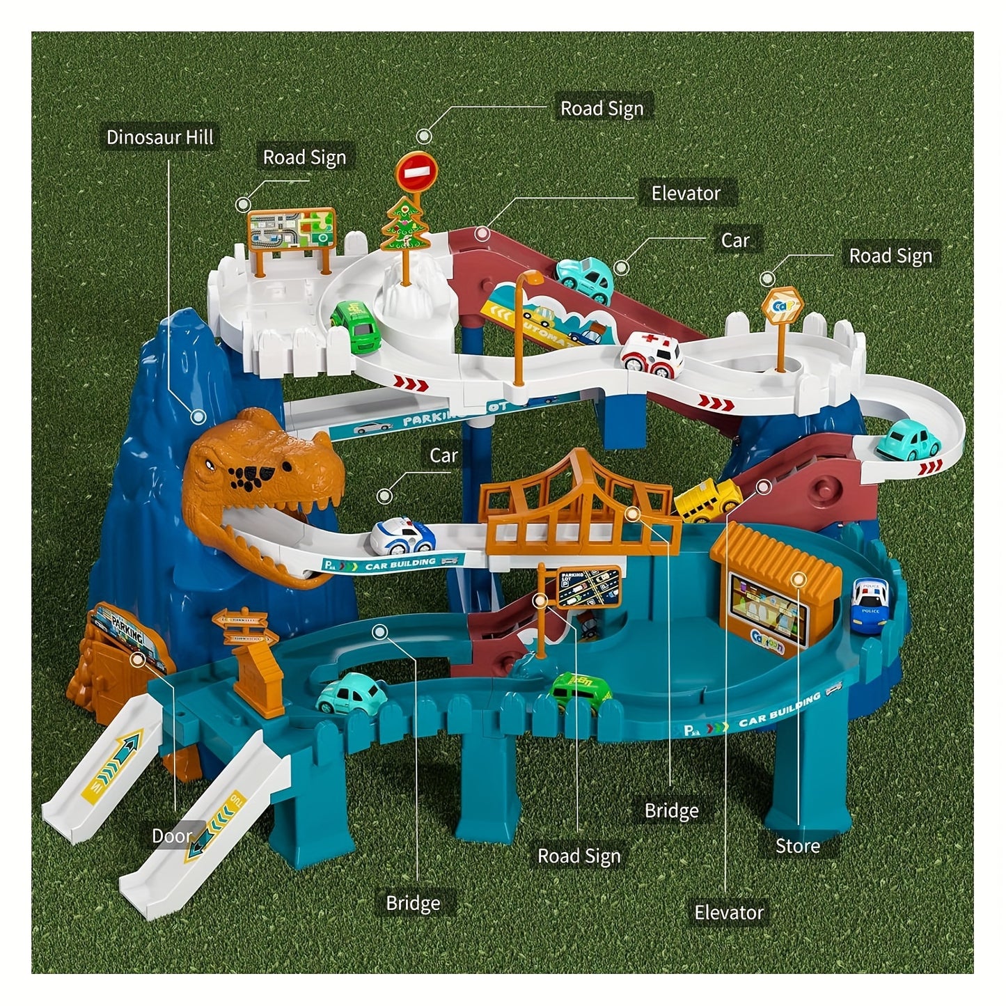 Boys Dinosaur Race Track Playset - Dinosaur Rolling Hill Car Track Toy For Kids, Car Ramp Track For Ages 3-7, Includes Mini Cars & Mountain Track Design