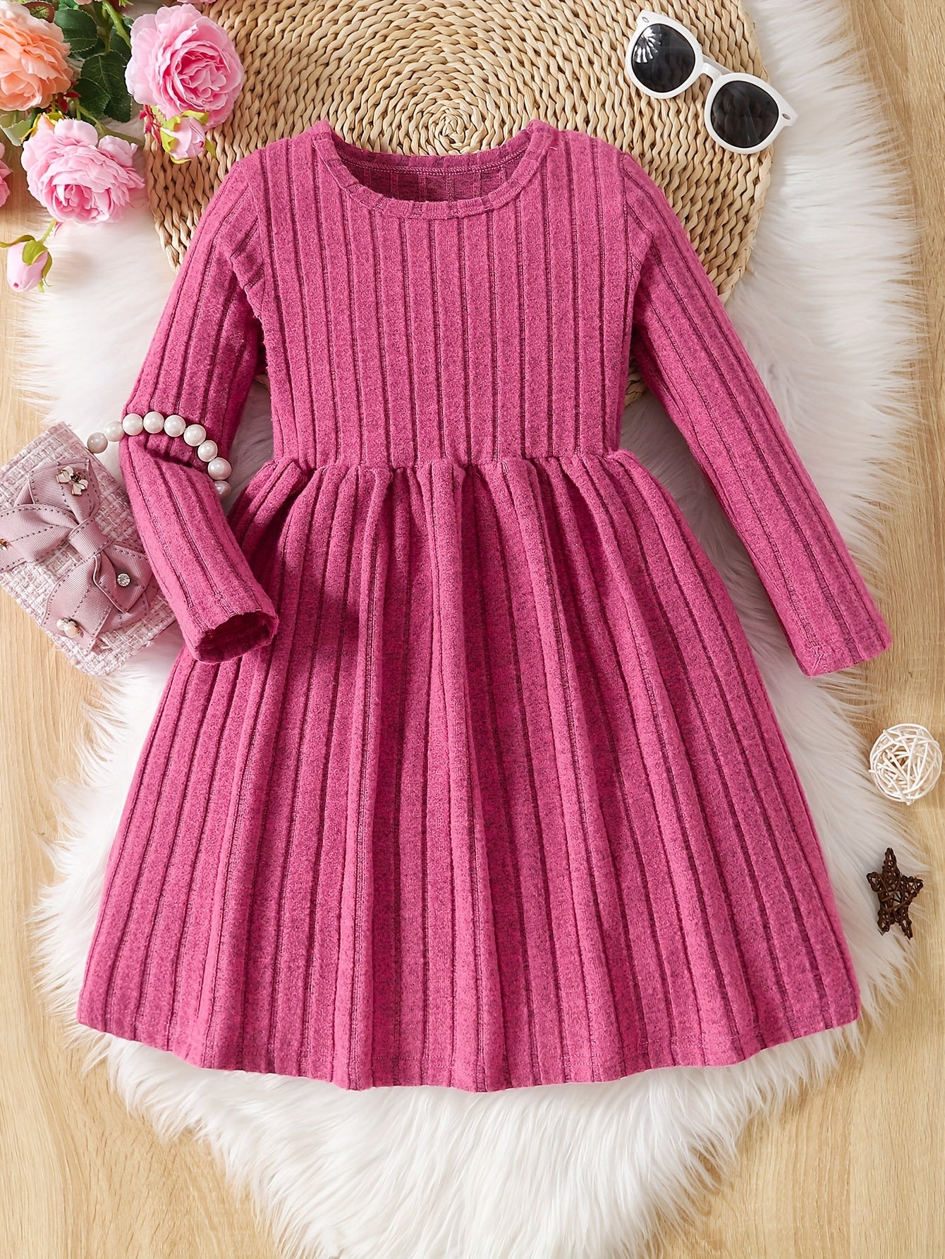 Girls Solid Color Dress, Simple Versatile, Round Neck, Long Sleeve