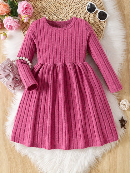 Girls Solid Color Dress, Simple Versatile, Round Neck, Long Sleeve - Hiccupzz