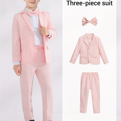 3-Pcs Boys Formal Plaid Gentleman Outfits, Long Sleeve Blazer, Bowtie, Pants Set - Hiccupzz