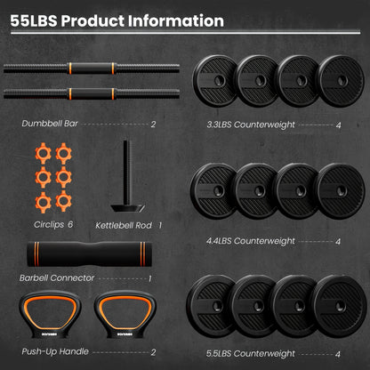 Adjustable 4-in-1 Dumbbell Set (77lbs/55lbs/33lbs) - Converts to Barbell, Kettlebells, Push-Up Stand - Home Gym Fitness Equipment for Men & Women - Hiccupzz