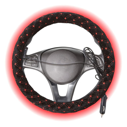 1 Pc Big Hippo 12V Heated Steering Wheel Cover with 2 Bonus Seatbelt Covers - Quick Heat, Thermo-Control, Anti-Slip, Breathable, Fits 14.5-15" Wheels