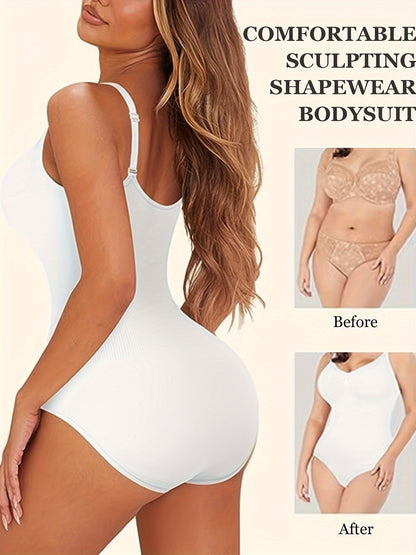 Women's Seamless Slim Fit Shapewear Bodysuit, Tummy Control Sleeveless V Neck Jumpsuit, Women's Activewear - Hiccupzz