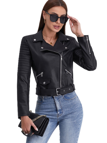 Women's Solid Biker Jacket - Long Sleeve Zipper Streetwear Outerwear - Hiccupzz
