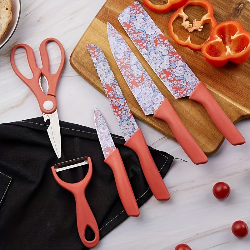 Jasmine Flower 6-Piece Kitchen Knife Set with Chef Knife, Meat Cleaver, Bread Knife, Scissors, Peeler