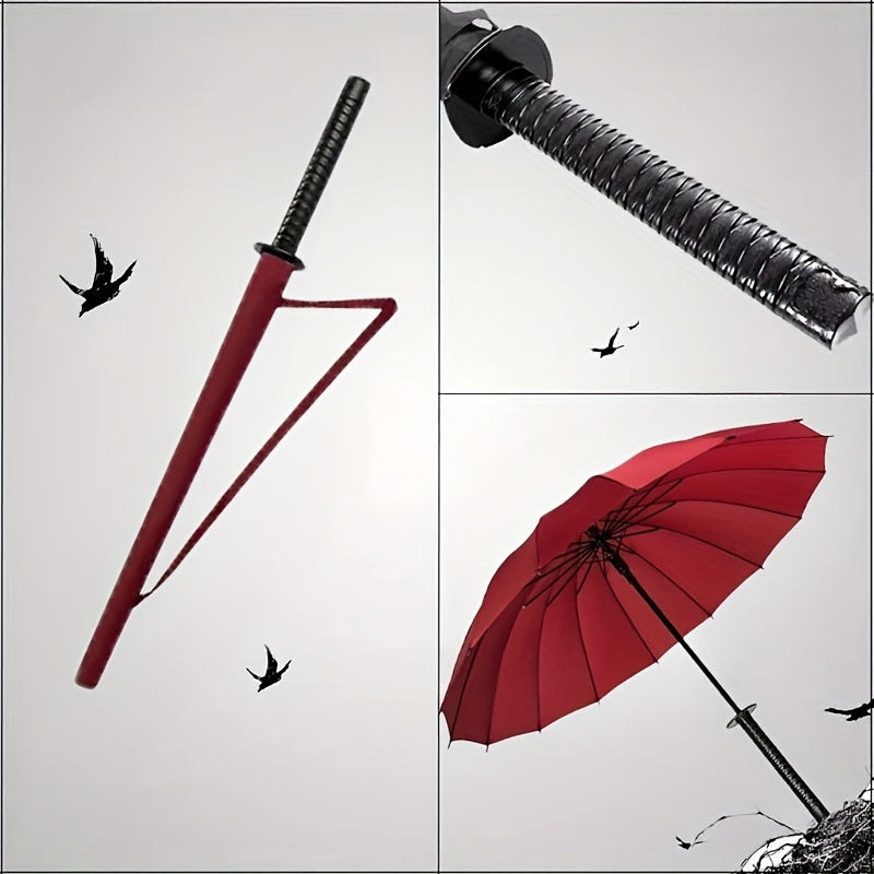 Unique Sword-Shaped Red Umbrella - 16 Windproof Ribs, Waterproof, Ergonomic Handle,